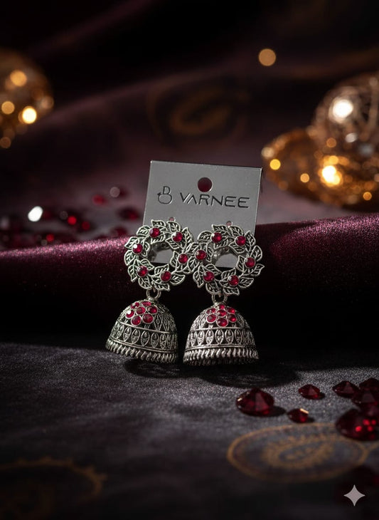 Oxidized Silver Jhumka Earrings with Ruby Stones